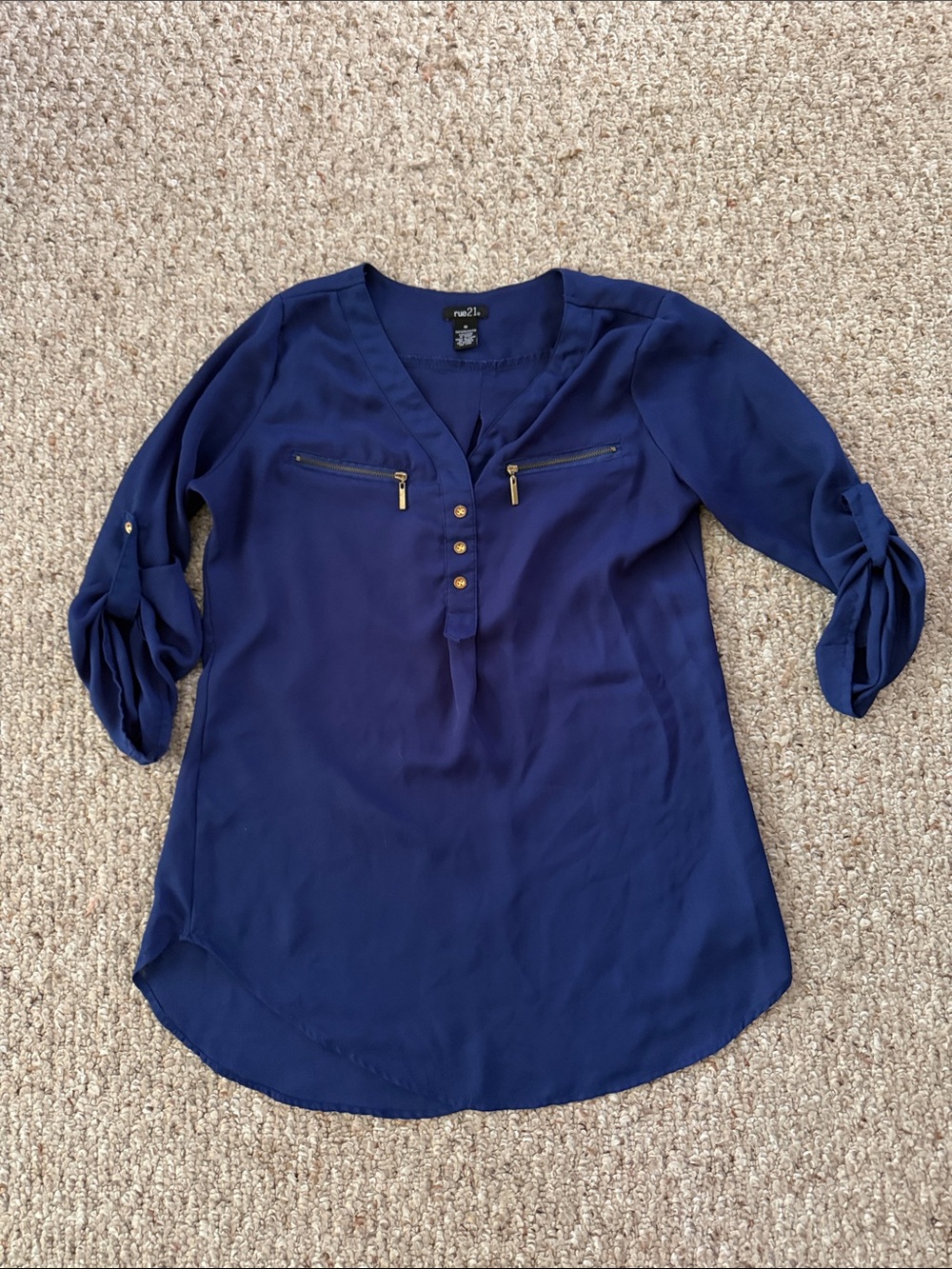 Rue21 Navy V-Neck Tunic with Gold Zipper Accents